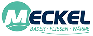Logo für Meckel mit dem Text Bäder - Fliesen - Wärme darunter. Meckel ist in fetten blauen und grünen Buchstaben geschrieben, mit einem grünen runden Hintergrund hinter dem M. Meckel-Bad Plauen