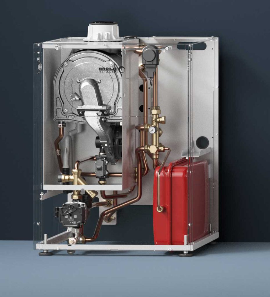 Ein moderner Heizkessel mit transparentem Gehäuse gibt den Blick auf die inneren Komponenten frei, darunter Kupferrohre, ein rotes Ausdehnungsgefäß und Metallarmaturen - konzipiert für die Generation 50plus -, die vor einer blauen Wand und Oberfläche stehen. Meckel-Bad Plauen