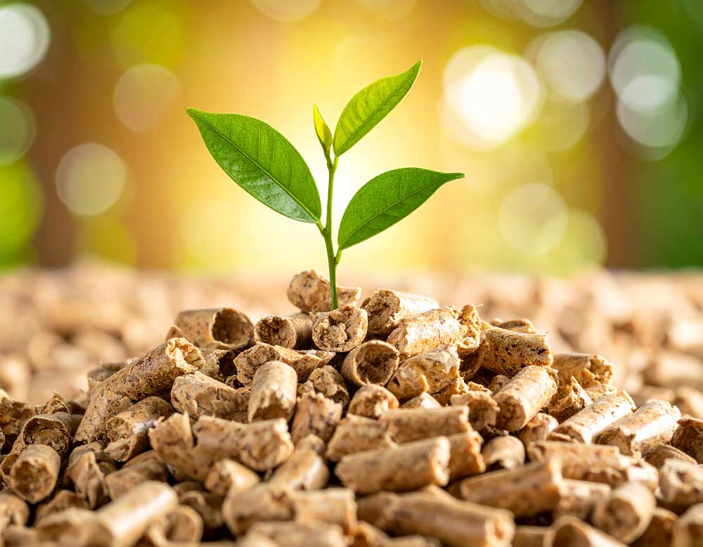 Aus einem Haufen Biomassepellets wächst eine kleine Grünpflanze mit leuchtenden Blättern, die Nachhaltigkeit für die Generation 50plus symbolisiert, vor einem unscharfen Naturhintergrund, durch den warmes Sonnenlicht scheint. Meckel-Bad Plauen